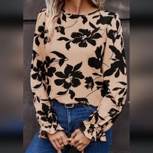 Floral Print Long Sleeve Blouse - Black and Tan